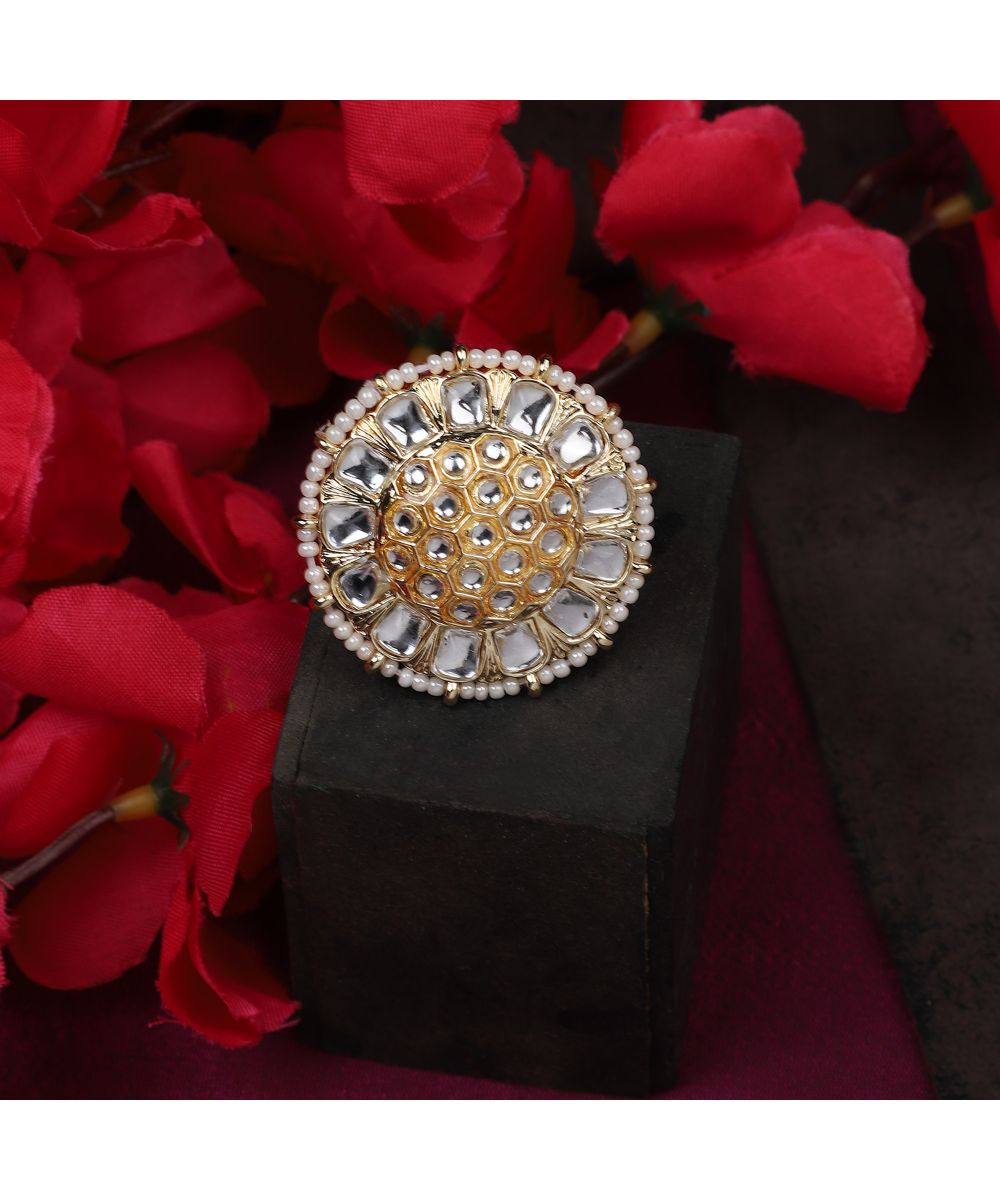 Women's Ethnic Gold Plated Kundan and Pearl Studded Statement Cocktail Ring