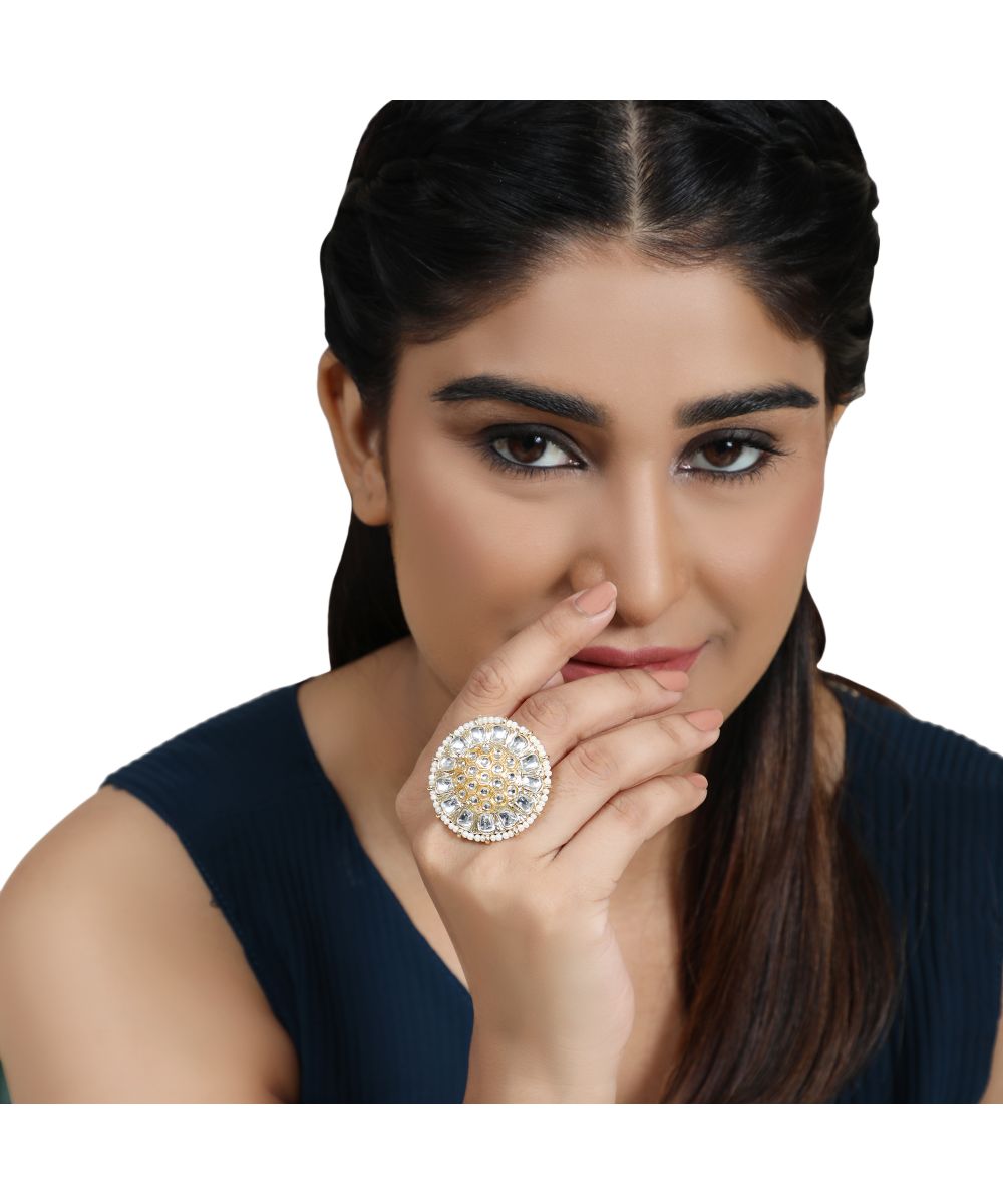 Women's Ethnic Gold Plated Kundan and Pearl Studded Statement Cocktail Ring