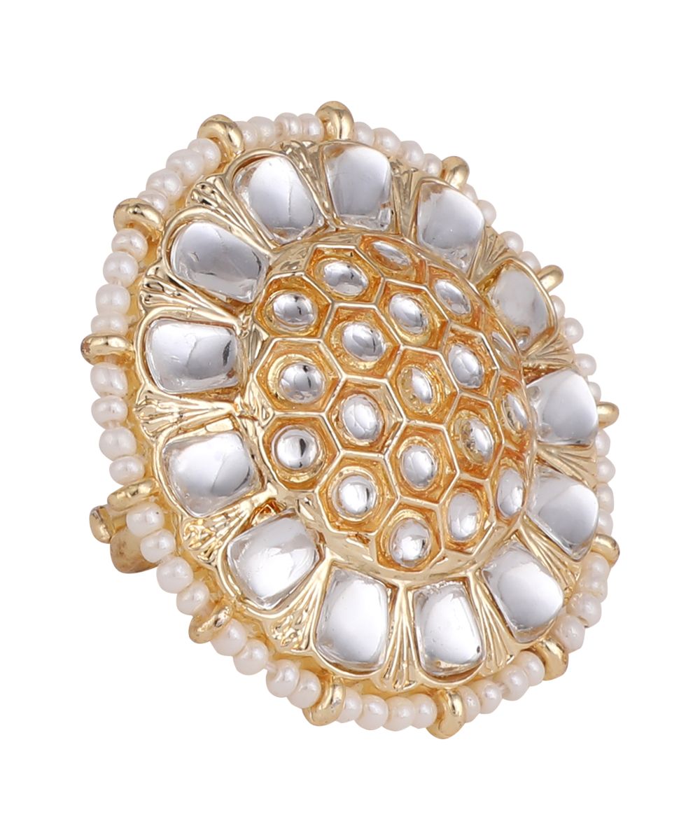 Women's Ethnic Gold Plated Kundan and Pearl Studded Statement Cocktail Ring