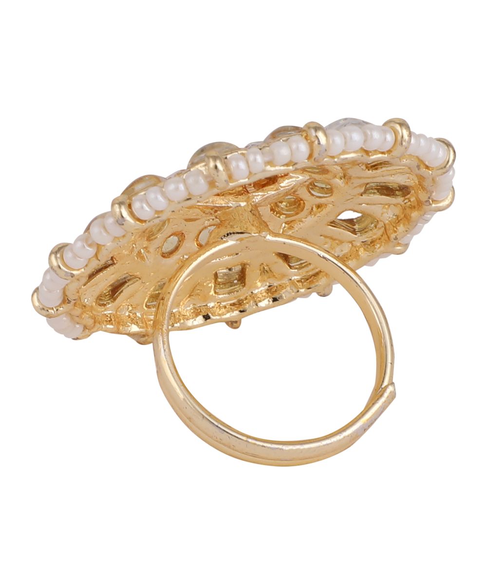 Women's Ethnic Gold Plated Kundan and Pearl Studded Statement Cocktail Ring