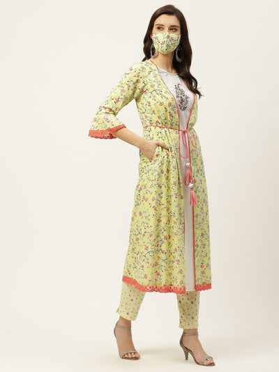 Women's Kurta with Floral Print Jacket and Mask
