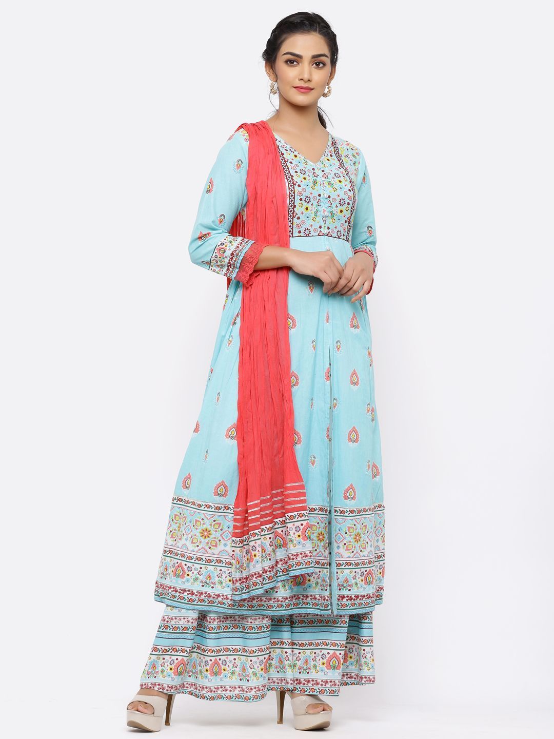 Women's Blue Cambric Printed Anarkali Kurta With Dupatta