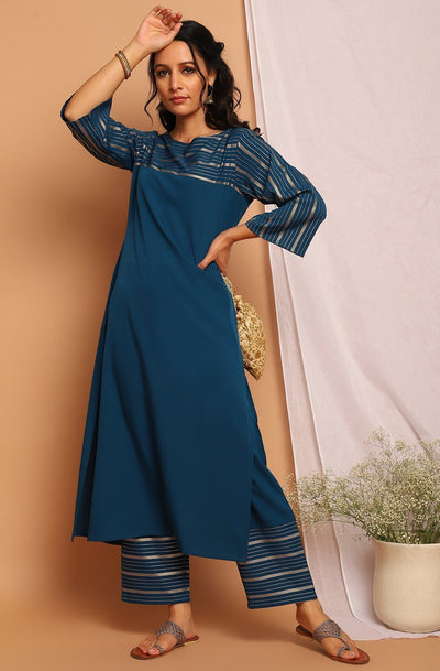 Women's Teal Poly Crepe Kurta With Palaz