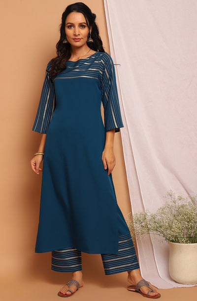 Women's Teal Poly Crepe Kurta With Palaz
