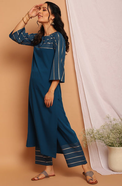 Women's Teal Poly Crepe Kurta With Palaz