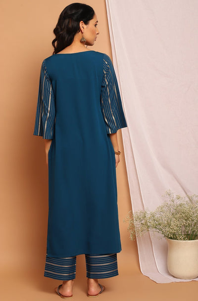 Women's Teal Poly Crepe Kurta With Palaz