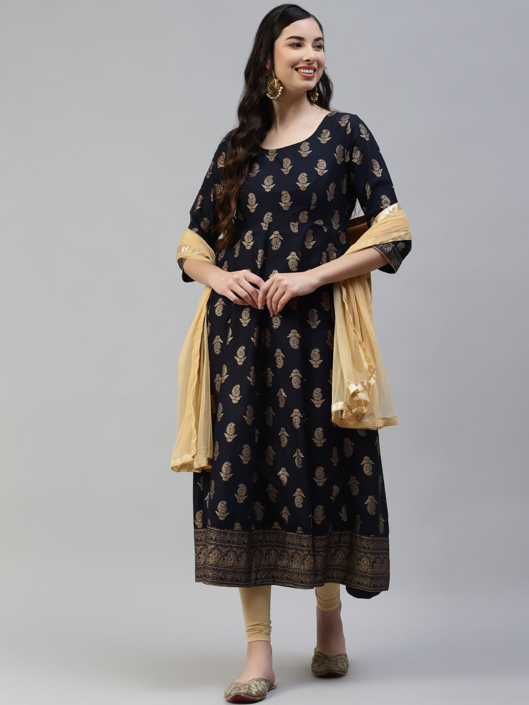 Women's Blue Gold Print  Anarkali Kurta With Viscose Leggings & Net Dupatta