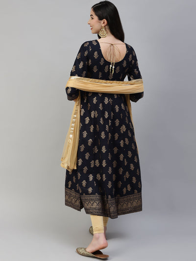 Women's Blue Gold Print  Anarkali Kurta With Viscose Leggings & Net Dupatta