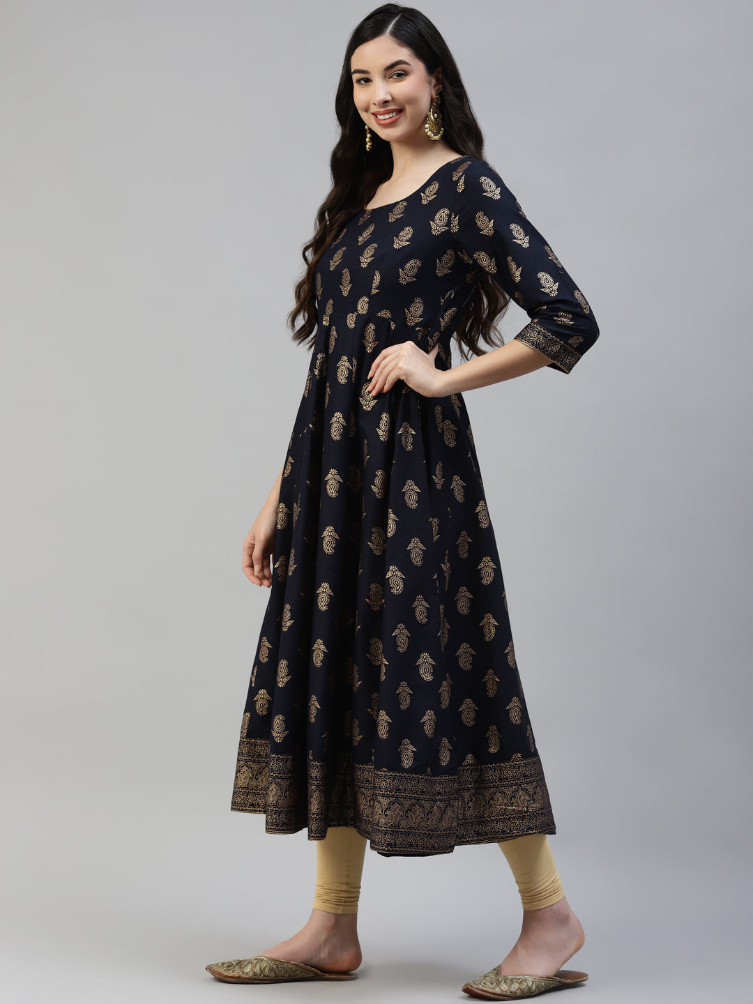 Women's Blue Gold Print  Anarkali Kurta With Viscose Leggings & Net Dupatta