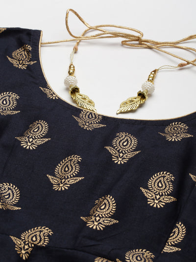 Women's Blue Gold Print  Anarkali Kurta With Viscose Leggings & Net Dupatta