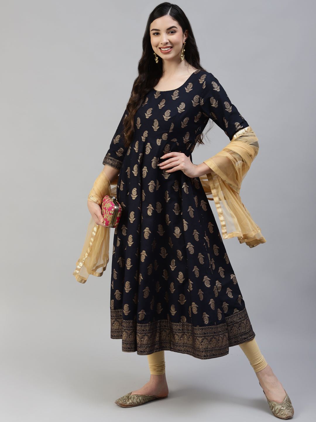 Women's Blue Gold Print  Anarkali Kurta With Viscose Leggings & Net Dupatta