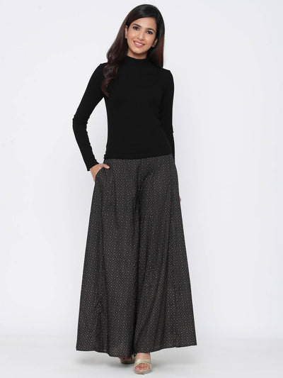 Women's Black Rayon Printed Flared Palazzo