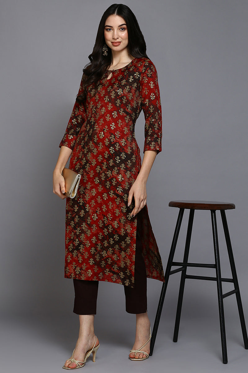 Women's Silk Blend Red Printed Regular Fit Kurta