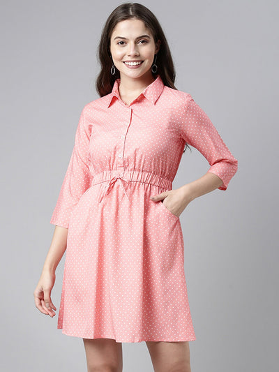 Women's Pink Crepe Polka Dots Printed Dress