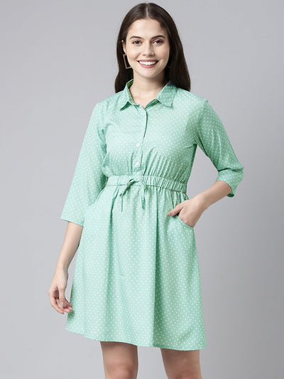 Women's Green Crepe Polka Dots Printed Dress