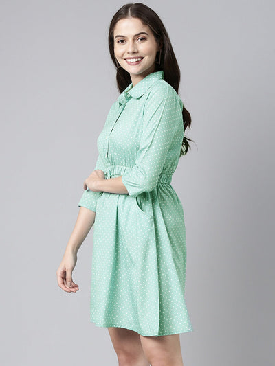 Women's Green Crepe Polka Dots Printed Dress