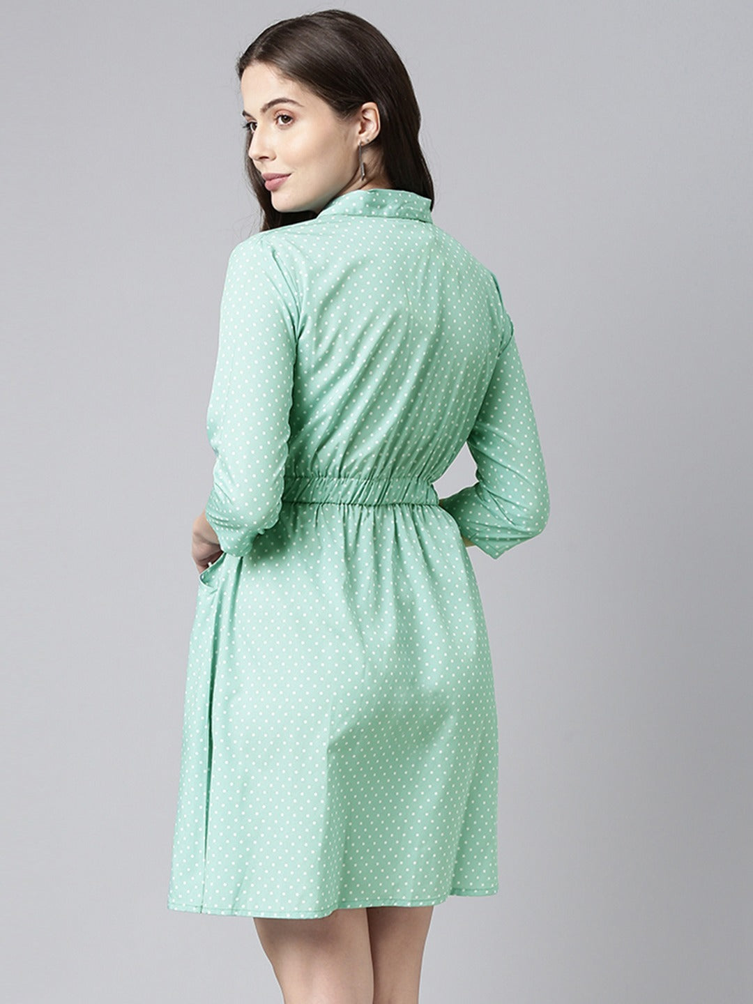 Women's Green Crepe Polka Dots Printed Dress