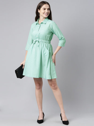 Women's Green Crepe Polka Dots Printed Dress