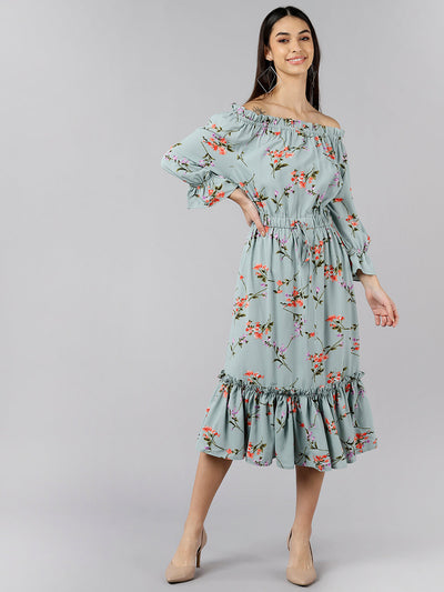 Women's Blue Crepe Floral Printed Dress