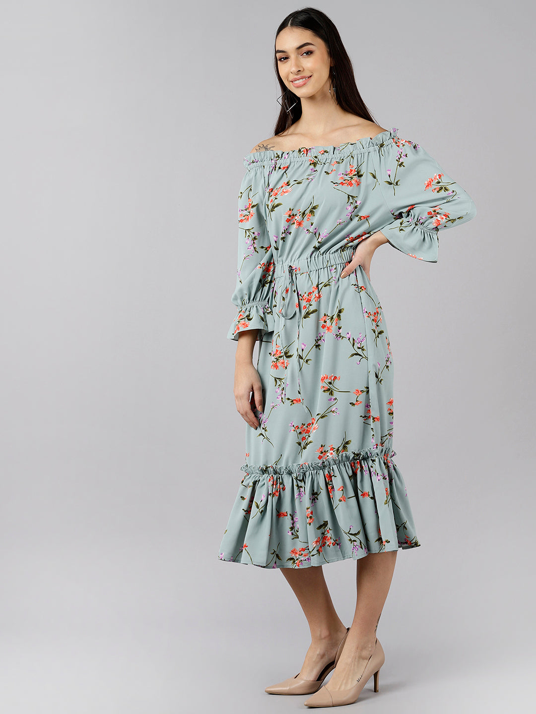 Women's Blue Crepe Floral Printed Dress