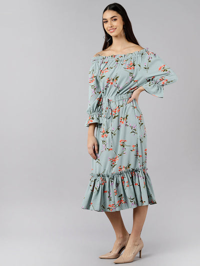 Women's Blue Crepe Floral Printed Dress