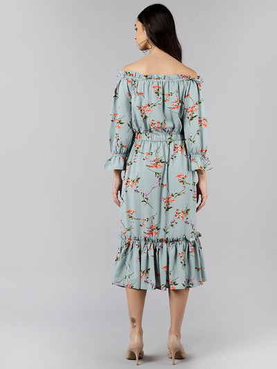 Women's Blue Crepe Floral Printed Dress