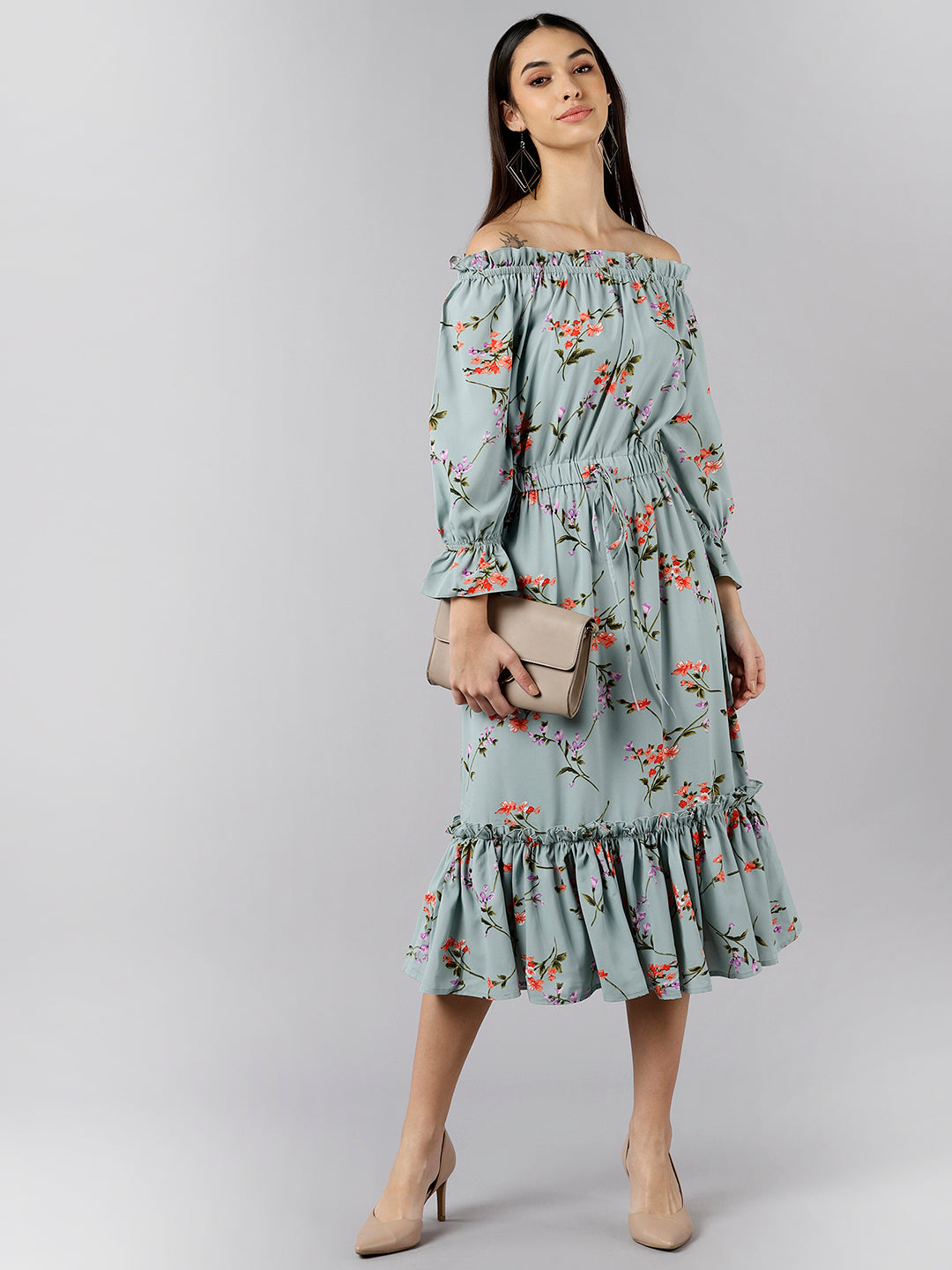 Women's Blue Crepe Floral Printed Dress