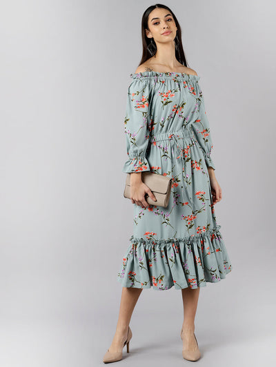 Women's Blue Crepe Floral Printed Dress