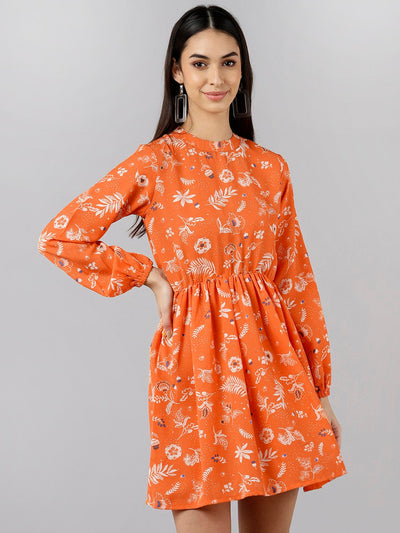 Women's Orange Polyester Floral Printed Dress