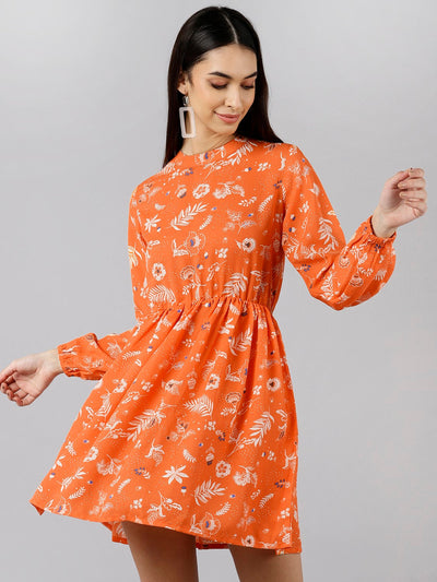 Women's Orange Polyester Floral Printed Dress