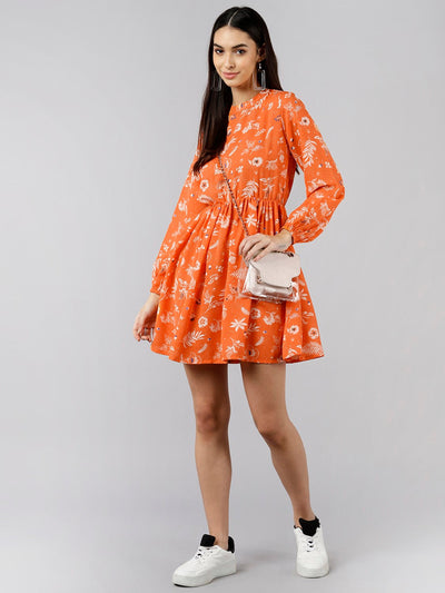 Women's Orange Polyester Floral Printed Dress