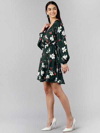 Women's Green Polyester Floral Printed Dress