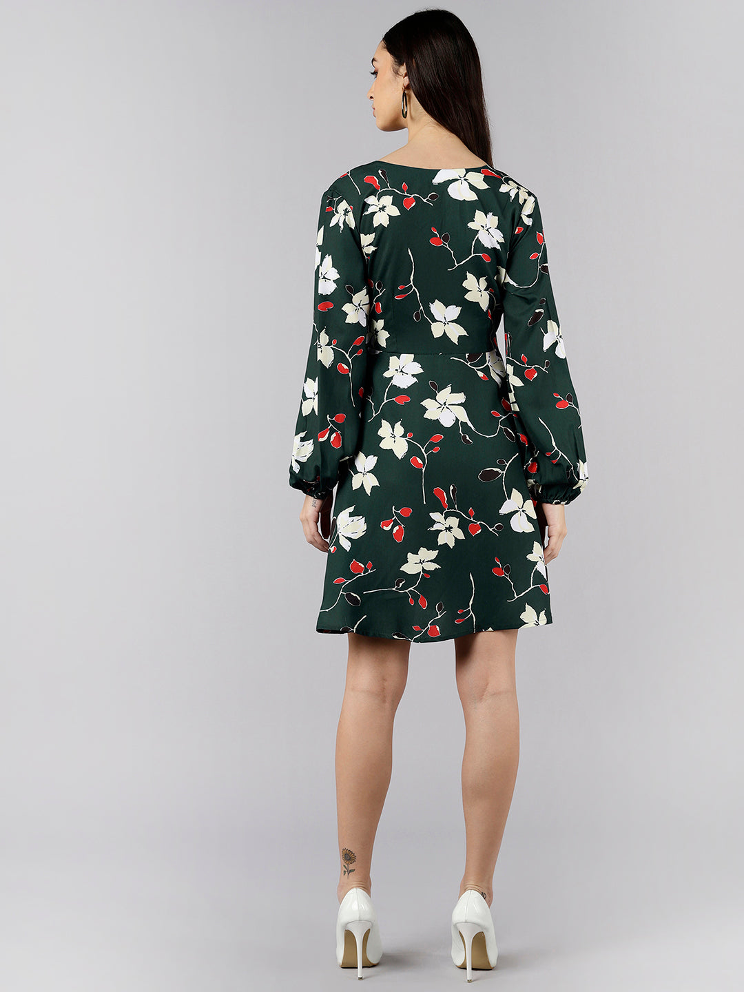 Women's Green Polyester Floral Printed Dress