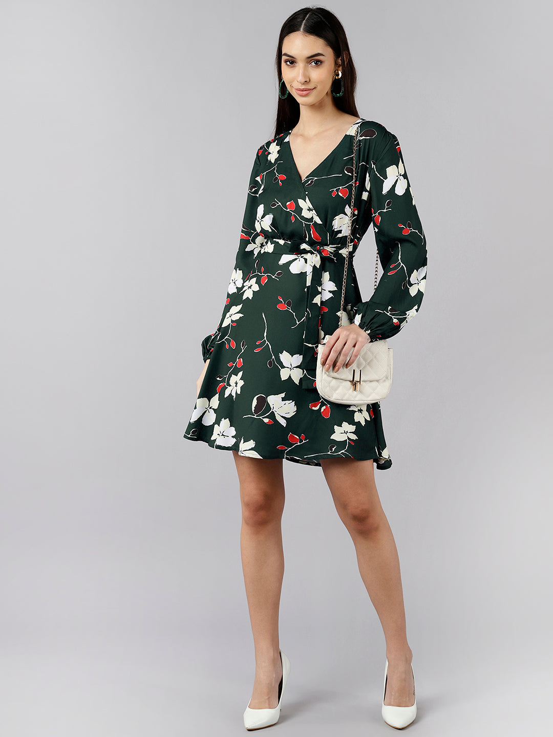 Women's Green Polyester Floral Printed Dress