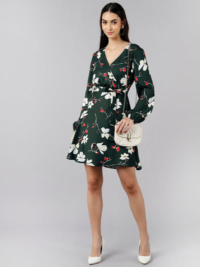 Women's Green Polyester Floral Printed Dress