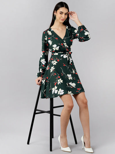 Women's Green Polyester Floral Printed Dress