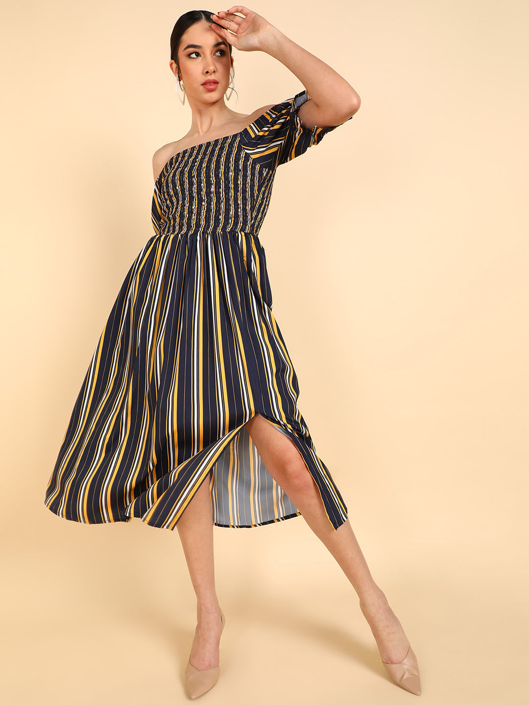 Women's Navy Blue Polyester Striped Printed Dress