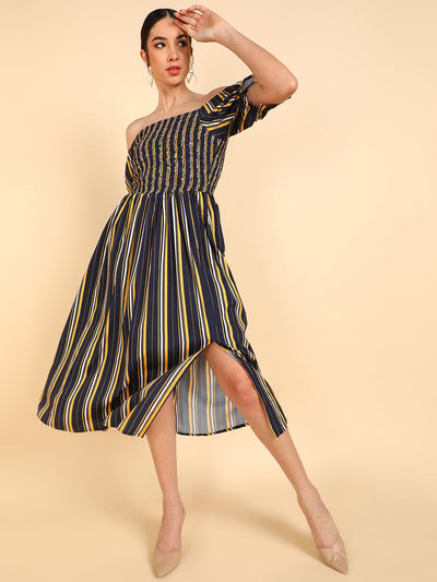Women's Navy Blue Polyester Striped Printed Dress