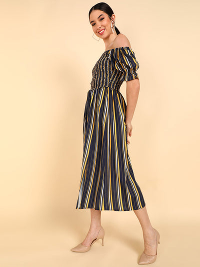 Women's Navy Blue Polyester Striped Printed Dress