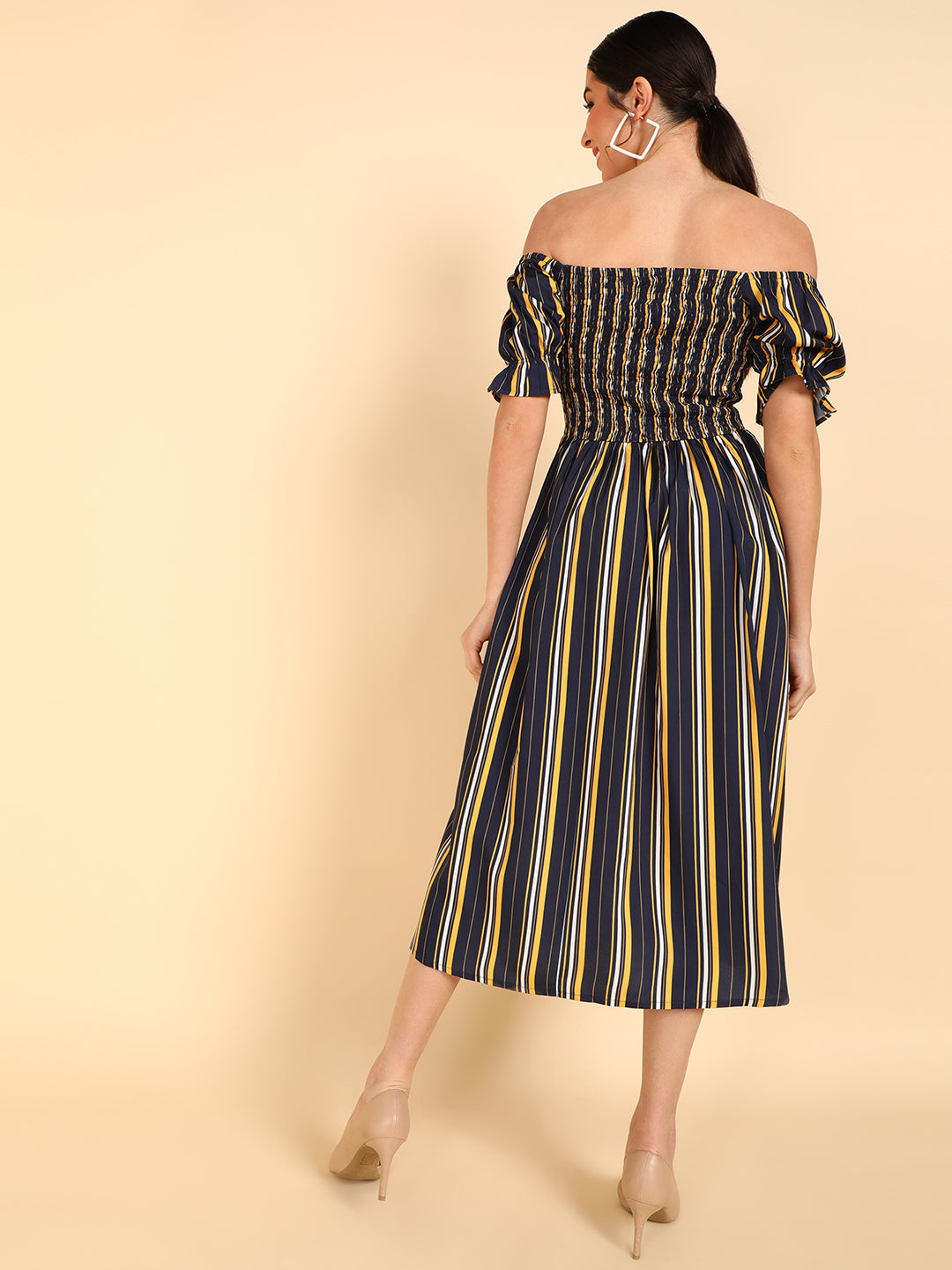 Women's Navy Blue Polyester Striped Printed Dress