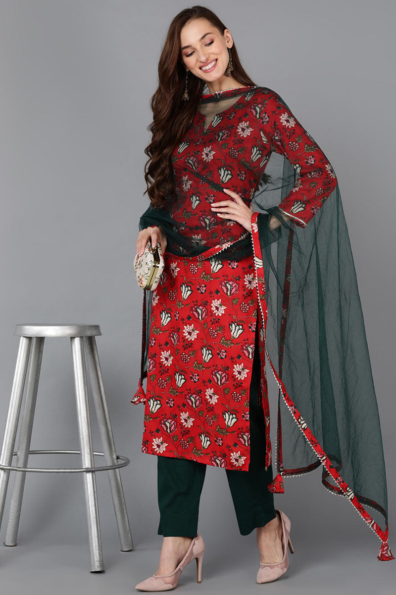 Women's Cotton Blend Floral Printed Kurta Pants With Dupatta