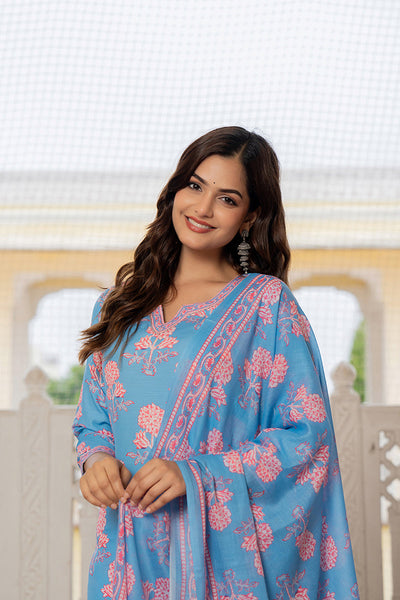 Women's Blue Rayon Blend Floral Printed Straight Kurta Trouser With Dupatta