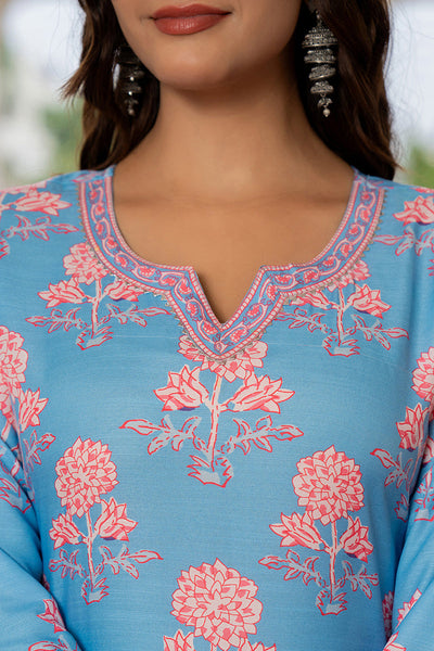 Women's Blue Rayon Blend Floral Printed Straight Kurta Trouser With Dupatta