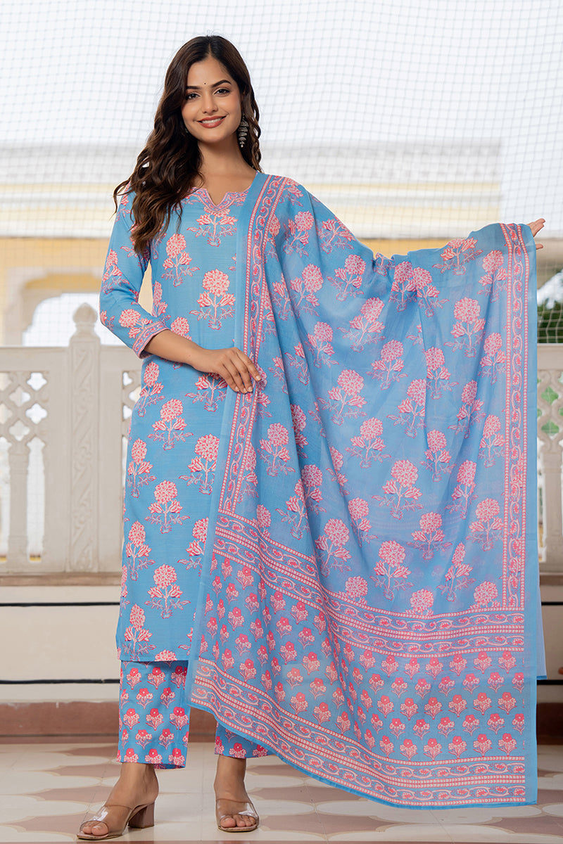 Women's Blue Rayon Blend Floral Printed Straight Kurta Trouser With Dupatta