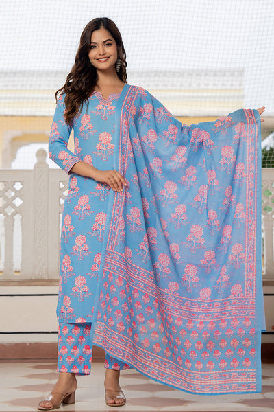 Women's Blue Rayon Blend Floral Printed Straight Kurta Trouser With Dupatta