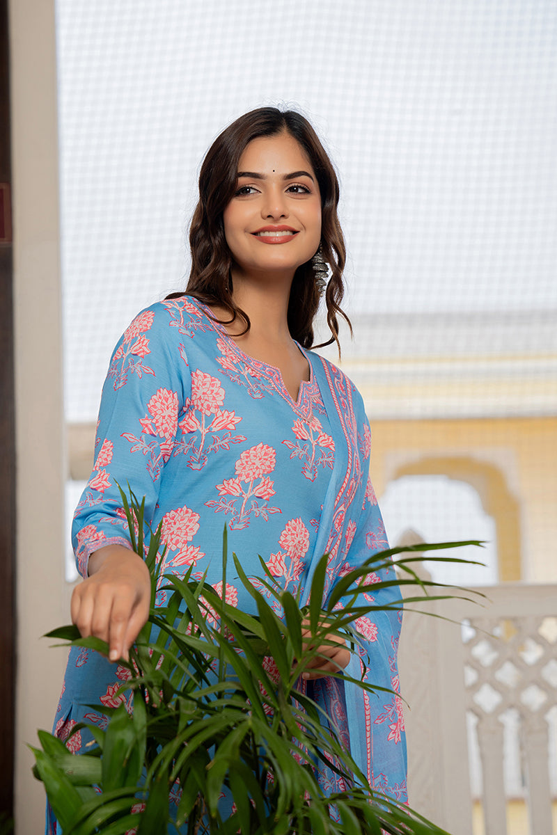 Women's Blue Rayon Blend Floral Printed Straight Kurta Trouser With Dupatta