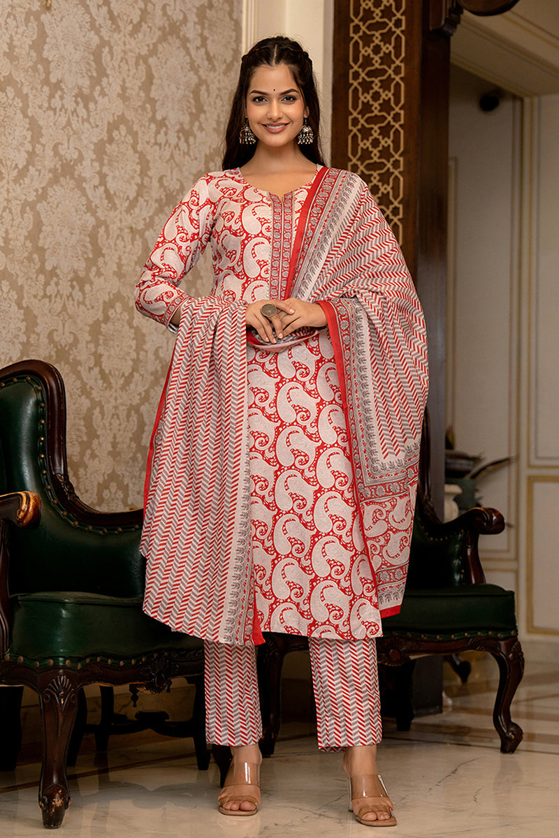 Women's Red Rayon Blend Paisley Printed Straight Kurta Trouser With Dupatta