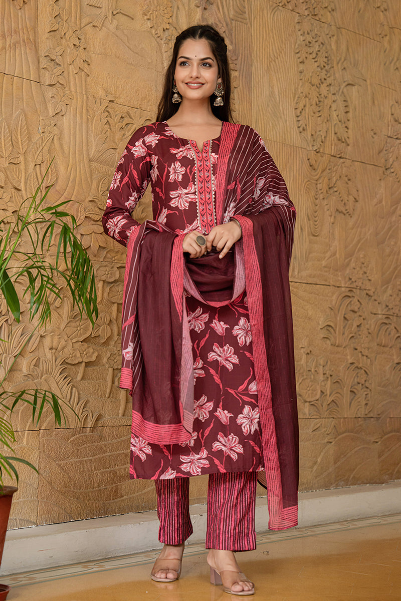 Women's Maroon Rayon Blend Floral Printed Straight Kurta Trouser With Dupatta