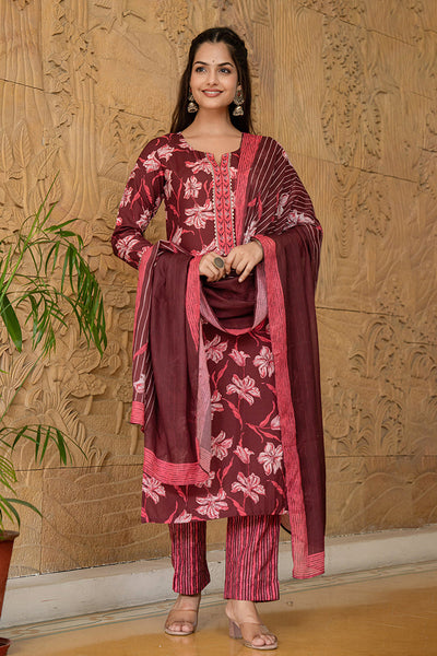 Women's Maroon Rayon Blend Floral Printed Straight Kurta Trouser With Dupatta