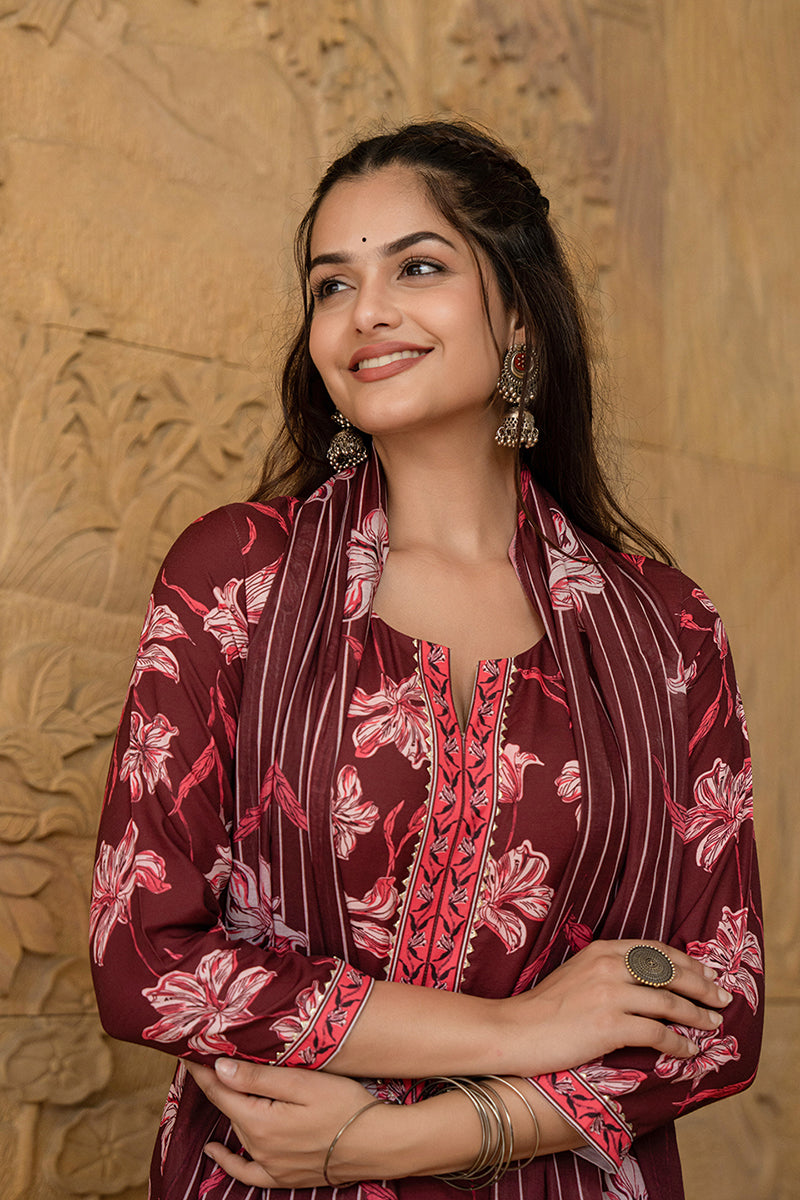 Women's Maroon Rayon Blend Floral Printed Straight Kurta Trouser With Dupatta